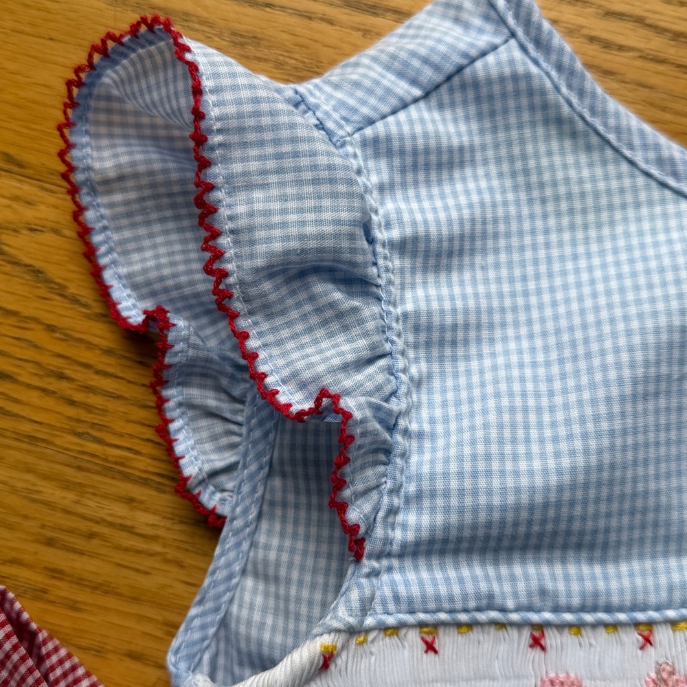 Blue Gingham Circus Smocked Waist Dress with Red Bow Tie Sides - Picture 4 of 6